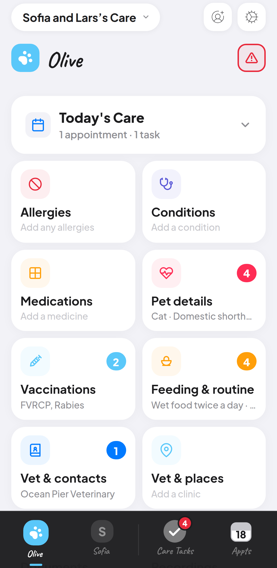 Olive the cat’s page in another family’s Great Care: pet details reading Cat, domestic shorthair, two vaccinations, a feeding routine and the vet’s number.