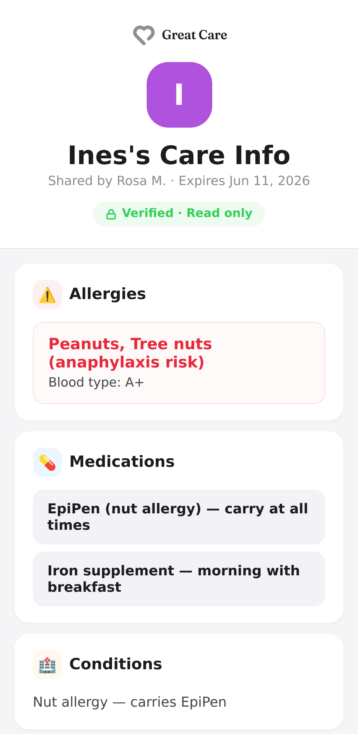 What a Care Link looks like to the person you send it to: a read-only page marked Verified, with an expiry date, allergies, medications and conditions.