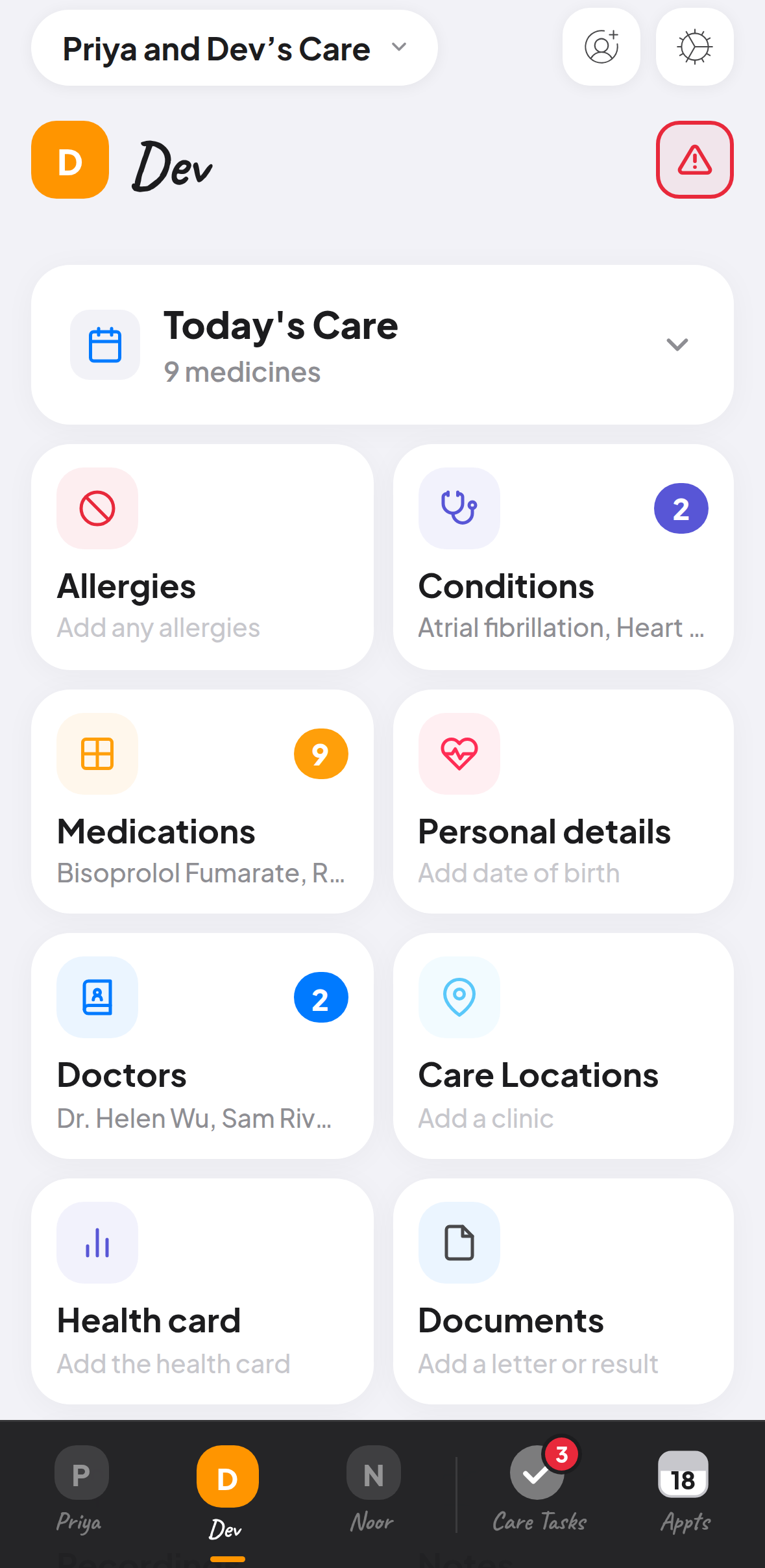 A person’s page in Great Care: allergies, conditions, medications, personal details, doctors, care locations, health card and documents.